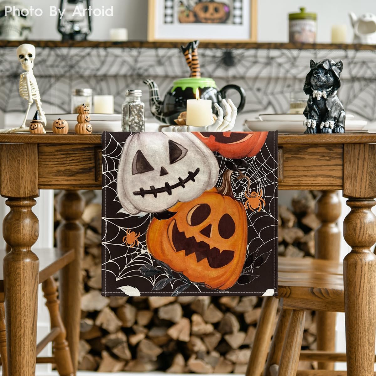 Wasbare Halloween Tafelloper - Zwart Spinnenweb en Pompoenen Decoratie - 40x300 cm