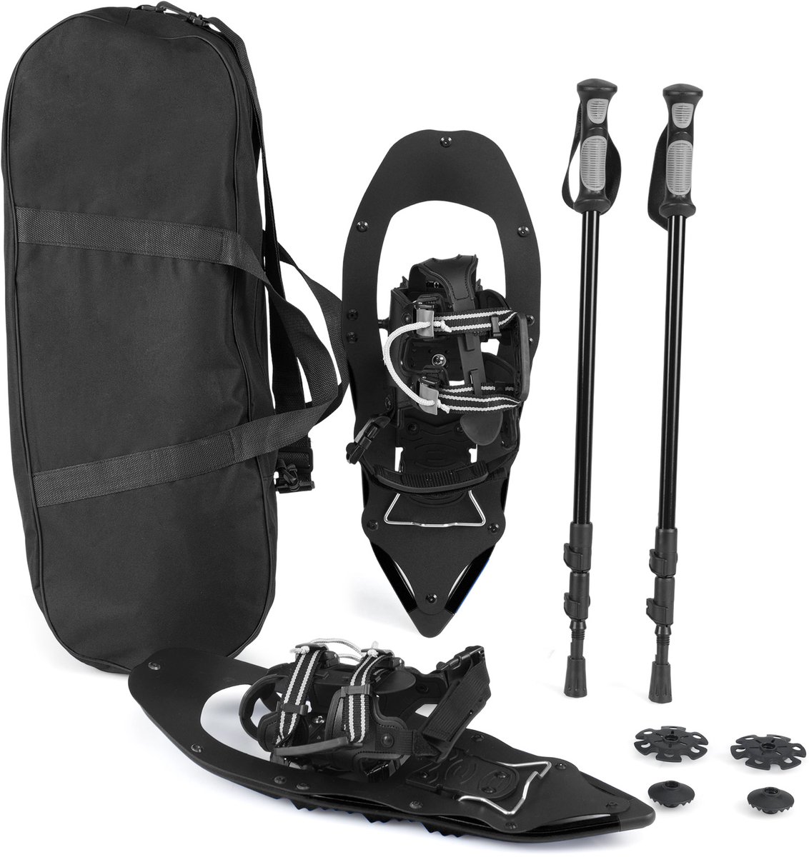 COSTWAY Sneeuwschoenen met klimhulp schoenmaat 35-45 tot 68/90 kg lichte sneeuwschoenenset van aluminium met trekkingstokken en draagtas voor heren dames en jongeren Zwart