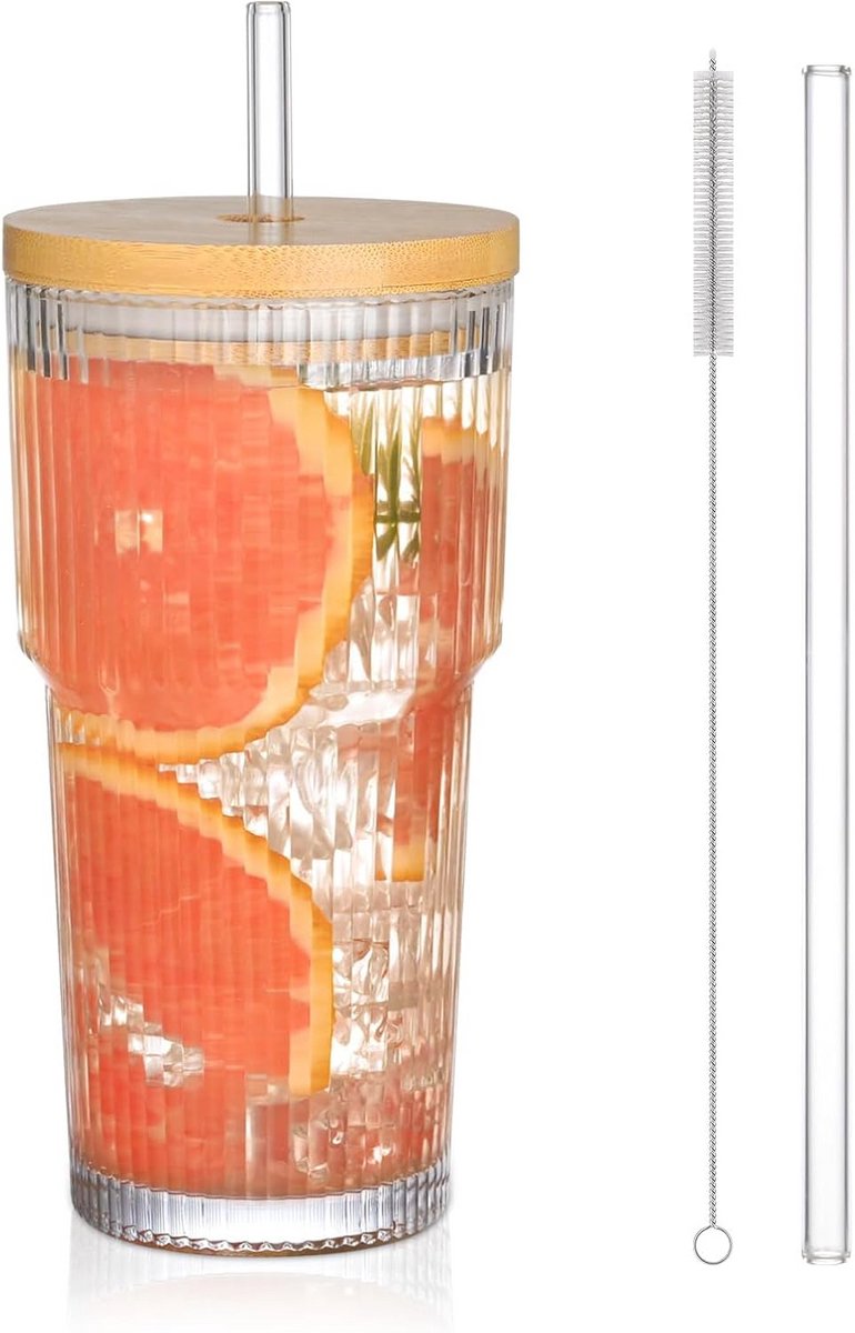 Geribbelde Glazen Beker 600ml Met Deksel En Rietje - Ideaal Voor Matcha