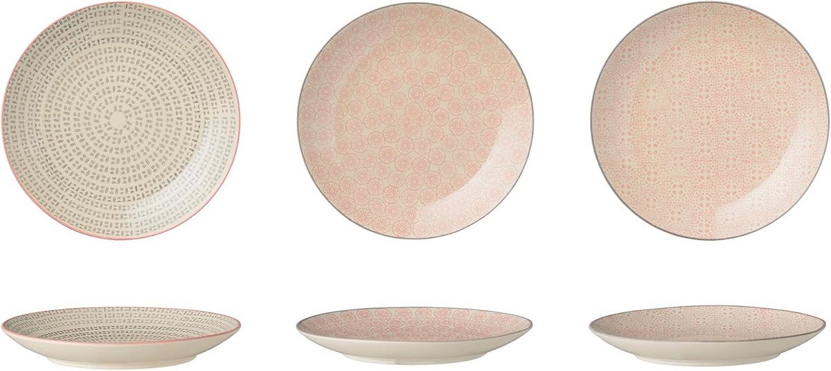 Set van 3 Handgeschilderde Ontbijt- en Dinerborden in Roze en Grijs - Ø 20 cm