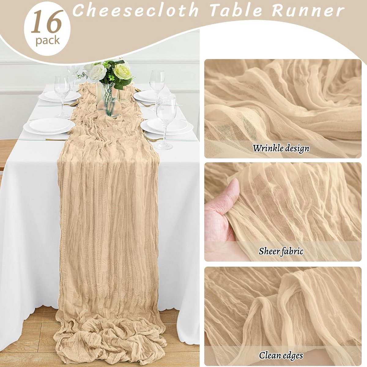 16x Beige Kaasdoek Tafelloper 35x300cm - Rustieke Loper voor Bruiloft & Feestdecoratie