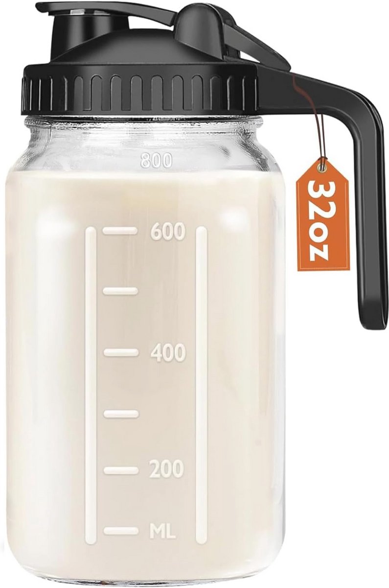 Glazen Kan met Deksel en Tuit - 32 oz Melkkruik en Drankcontainer voor Koelkast