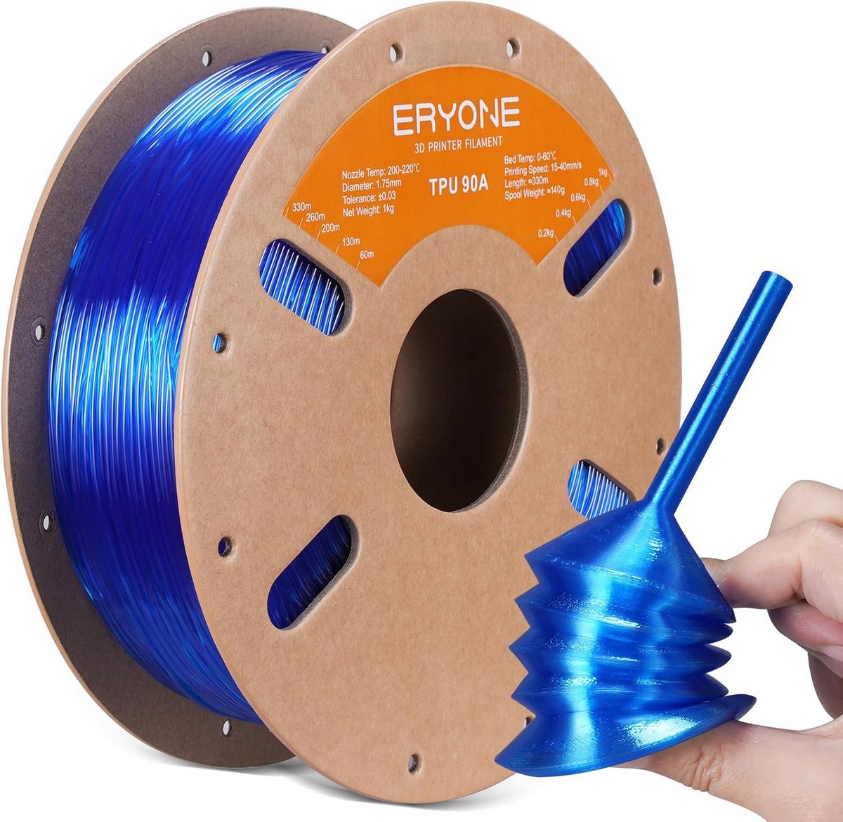 Flexibel TPU 90A Filament 1.75mm voor 3D Printer, 1KG, Transparant Blauw