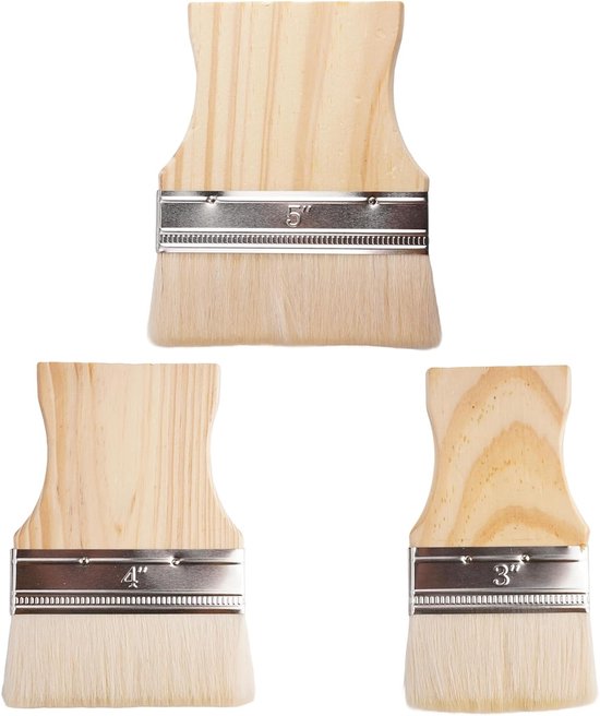3 Stuks Schilderkwasten Set 75mm 100mm 125mm - Platte Brede Lazuurkwasten Met Houten Handvat