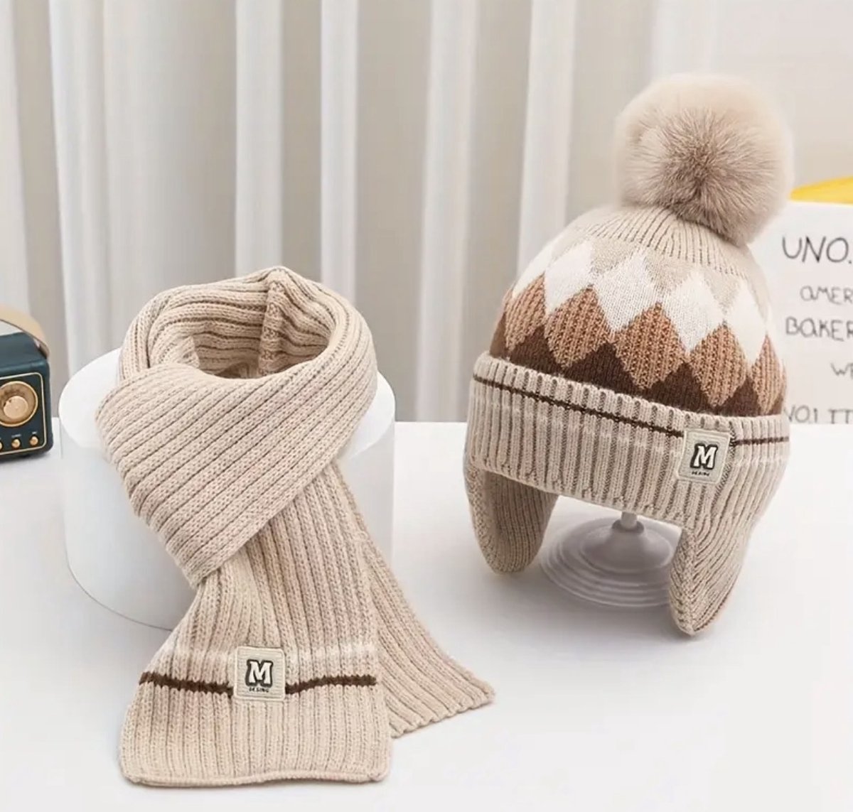 Sjaal en muts - Jongens - 5 tot 10 jaar - Winterset jongen - beige geruit - cadeauset - sjaal - muts - jongens