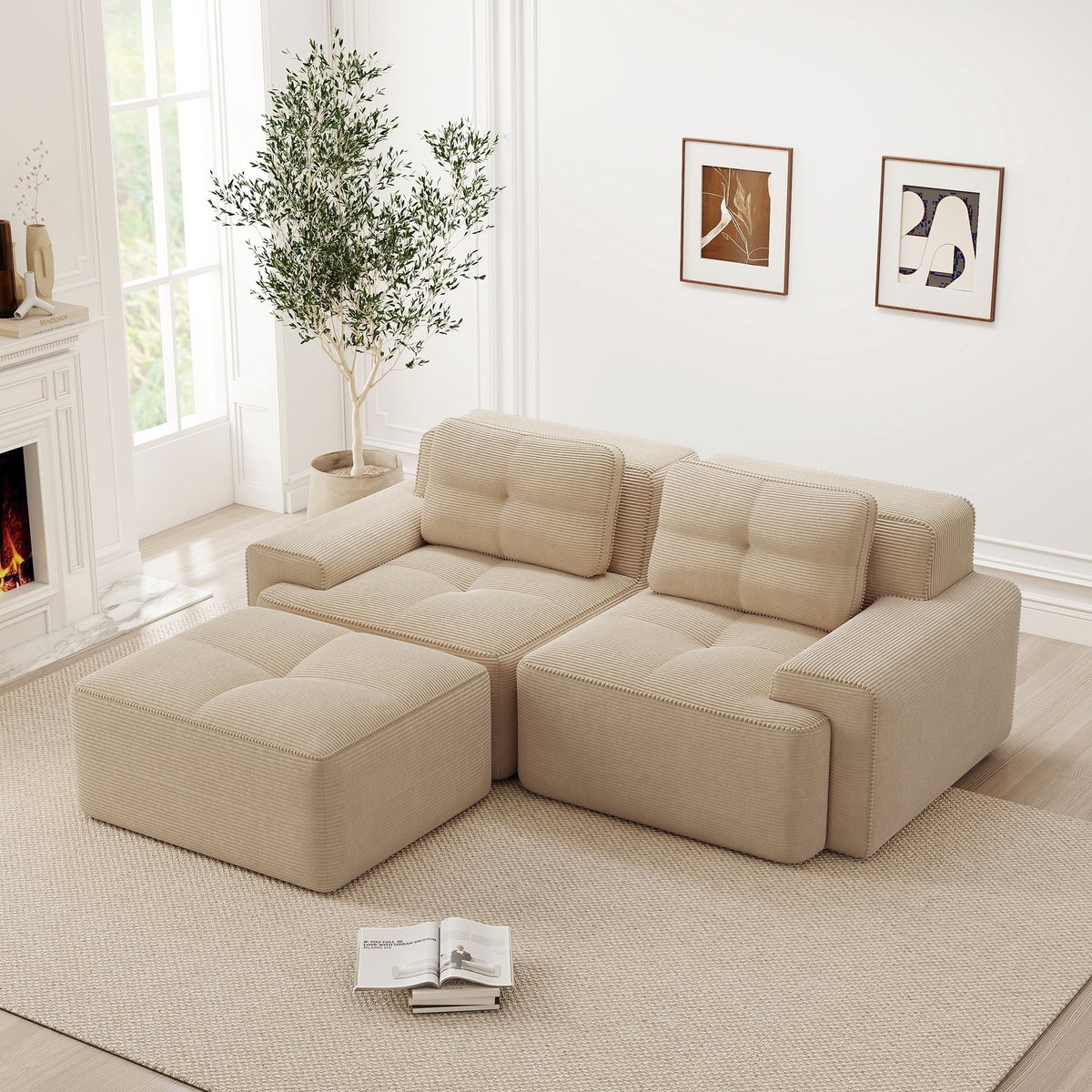 Sweiko Hoekbank - L-vormige bank - Modulaire tweezitter - Corduroy - Met voetenbank - Beige