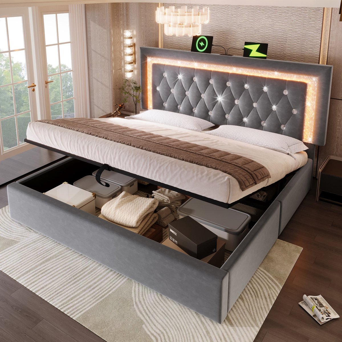 Sweiko Gestoffeerd bed - 180x200 cm - Velvet - LED-verlichting - USB / Type-C - Opbergruimte - Grijs