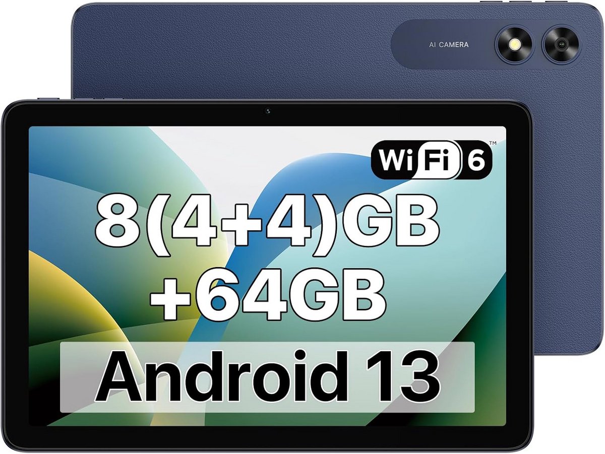 Android 13 Tablet met 8 GB RAM, 64 GB Opslag, 10.1" Scherm, Dual Camera en WiFi 6
