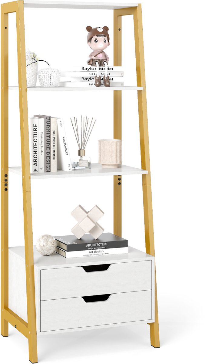 Costway Ladderrek, vrijstaand, 134 cm, boekenkast met 4 open planken en 2 laden, veelzijdig staand rek voor slaapkamer, woonkamer, thuiskantoor (wit en goud)