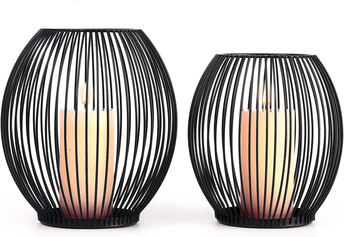 Set van 2 Zwarte Metalen Kaarsenhouders voor Binnen en Buiten - Elegante Pillar Kandelaren voor Tafeldecoratie