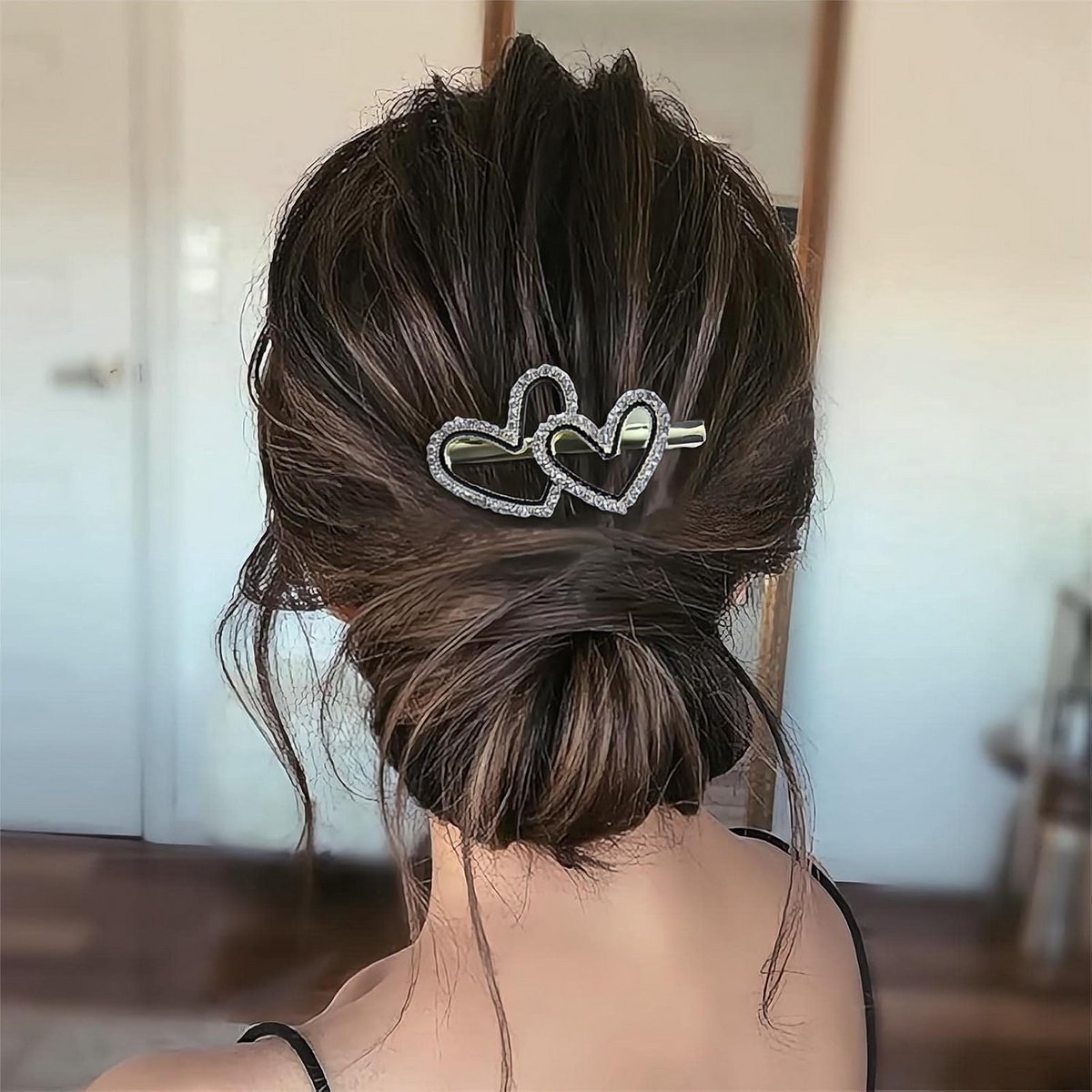 Glanzende Dubbele Hart Haarclip met Kristallen - Antislip Barrettes voor Dik en Dun Haar
