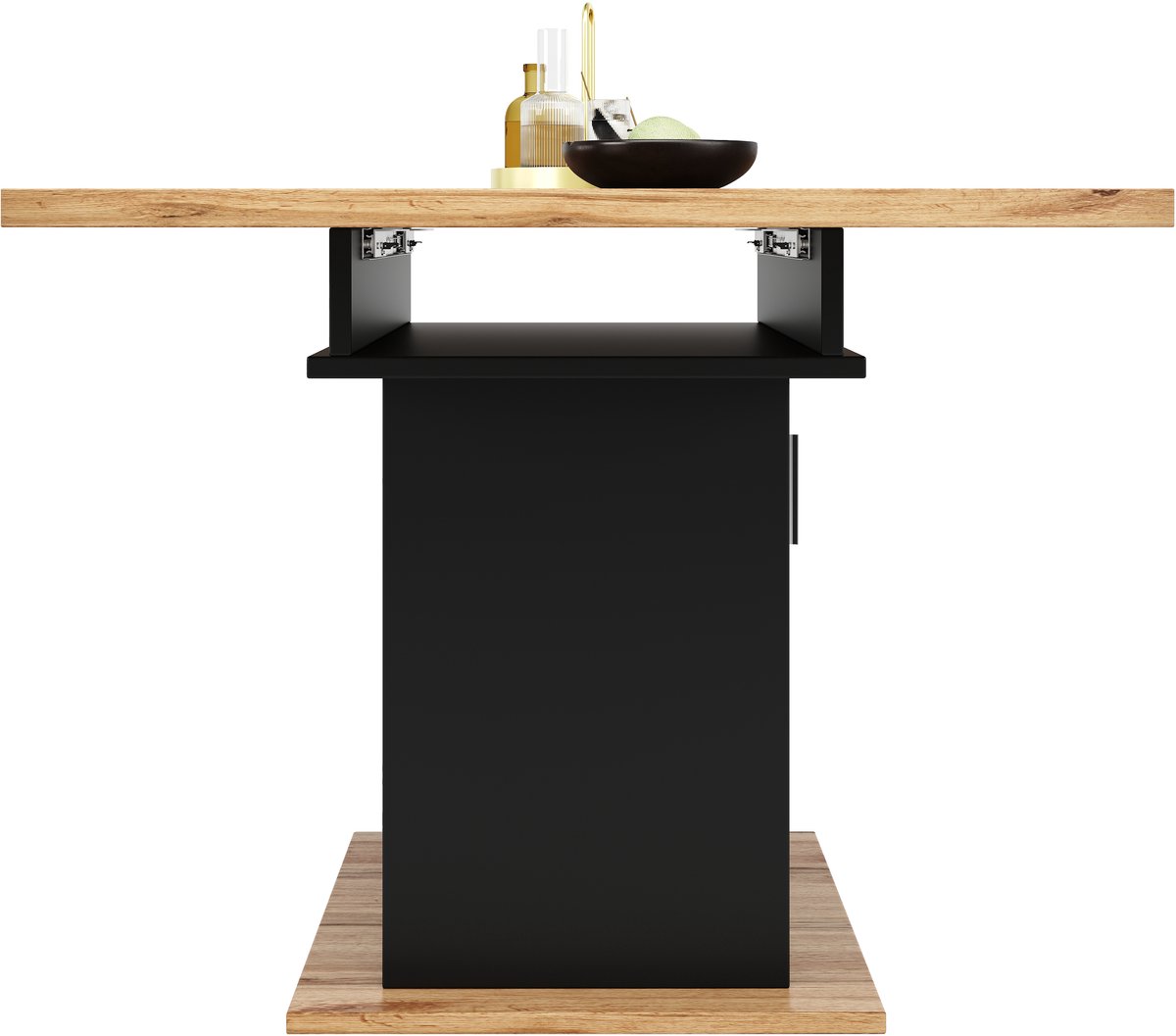 Telescopische eettafel (140×80cm), uitschuifbare eettafel met opbergplank, ruimtebesparende keukentafel, eettafel met drie planken, uitschuifbare eettafel voor keuken en woonkamer, naturel + zwart