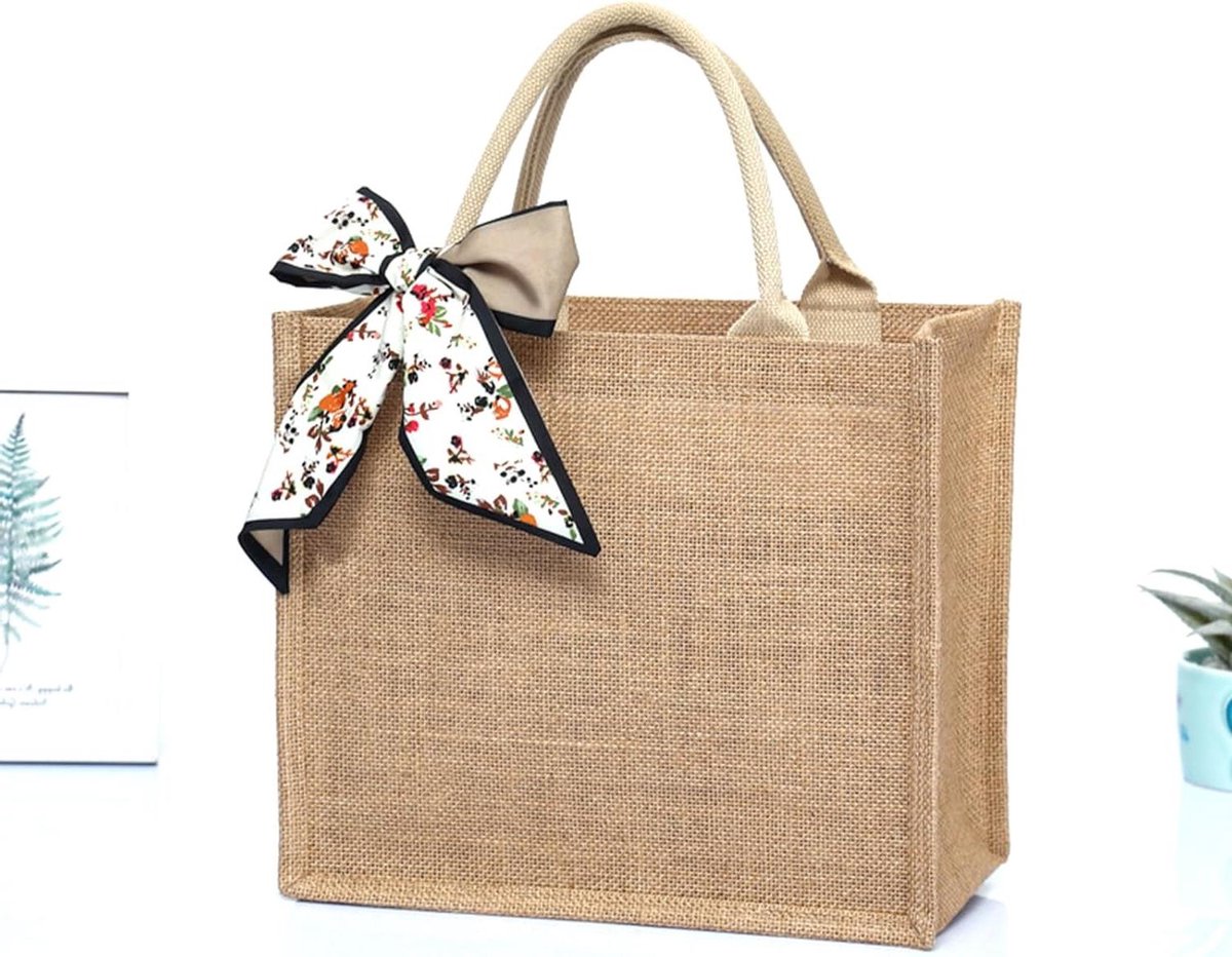 Natuurlijke jute tas - boodschappentas - waterdicht - groot formaat - retro - canvas - draagtas - dameshandtas - zijden sjaal - geschikt voor dagelijks gebruik - beige style