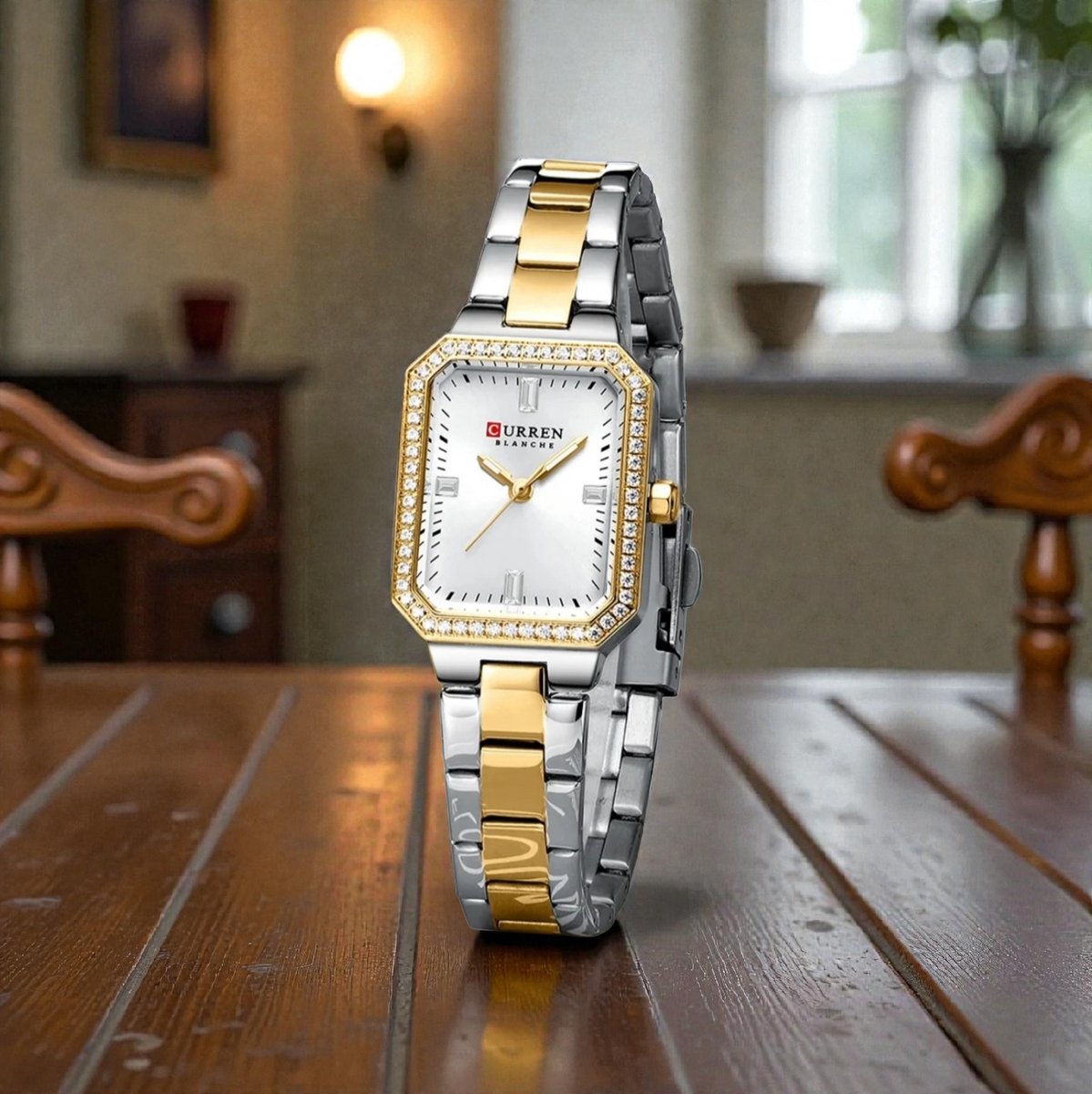 CURREN 9102 Two-Tone met Witte Wijzerplaat Dameshorloge met Kristalrand en Lichtgevende Wijzers