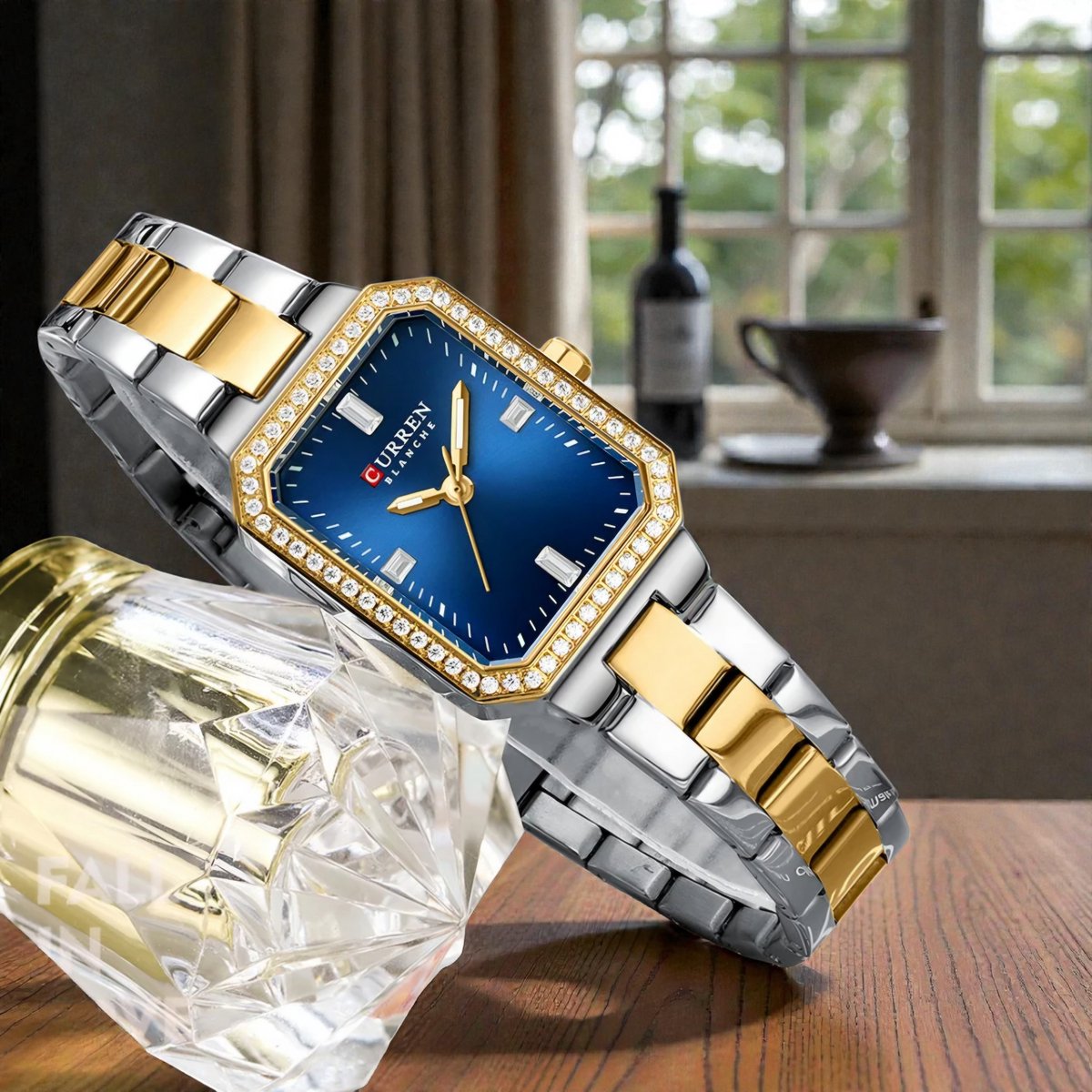 CURREN 9102 Two-Tone met Diepblauwe Wijzerplaat Dameshorloge met Kristalrand en Lichtgevende Wijzers