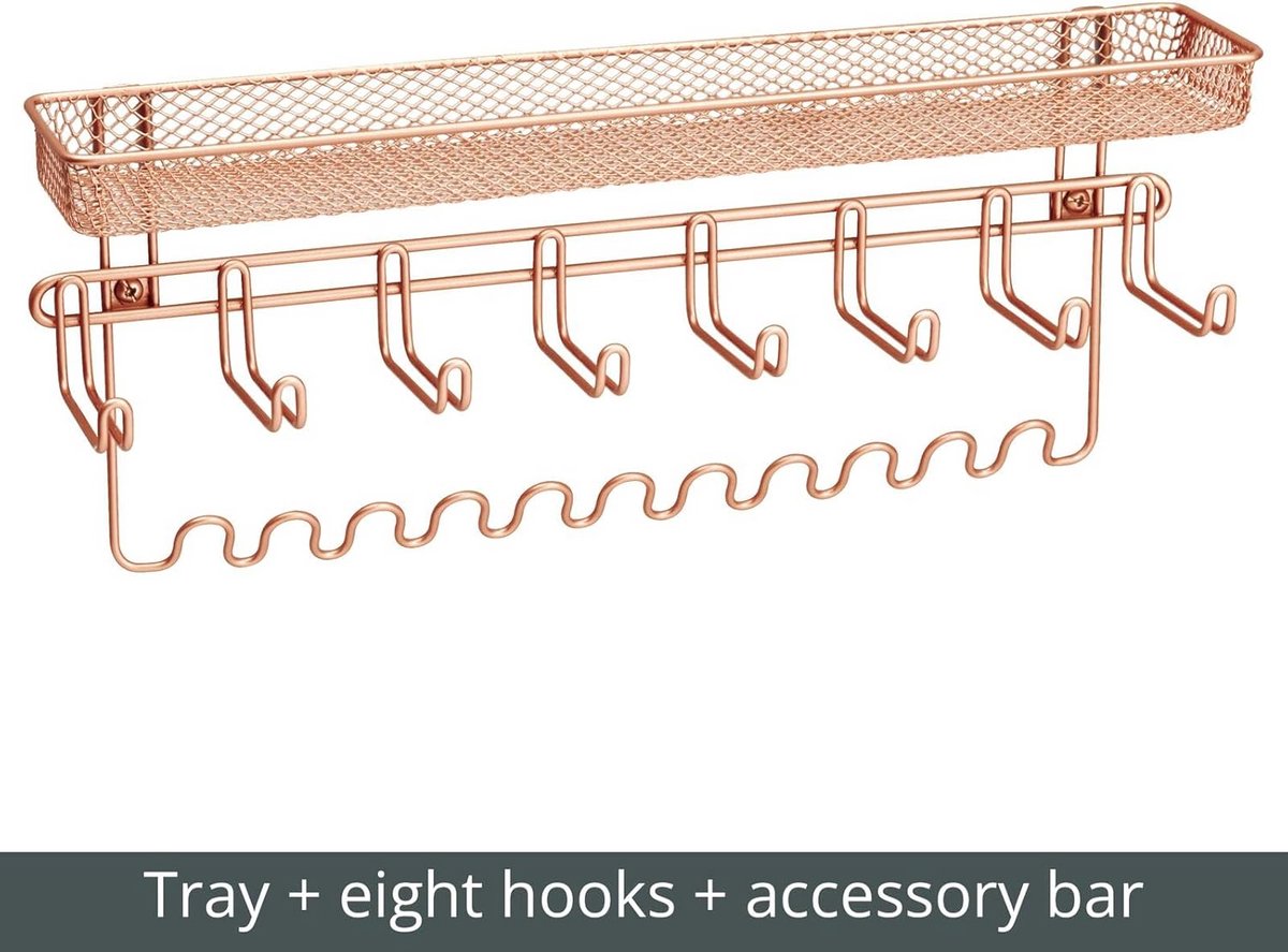 mDesign - Jewellery organiser - jewellery rack/storage space for jewellery - wall model/with 19 hooks and storage basket/strong metal - rose gold — cadeau in Sieraden - foto 5