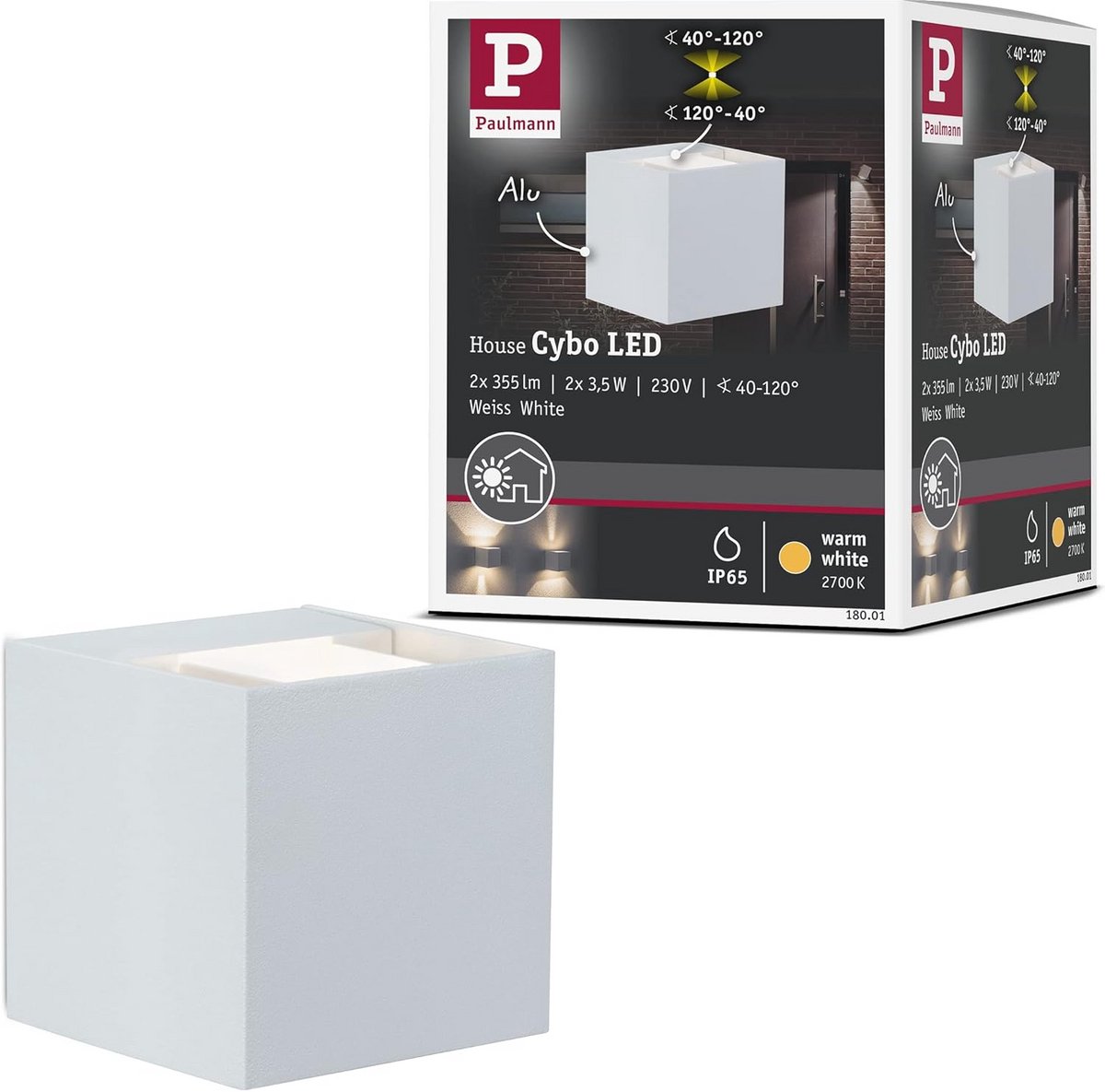 Paulmann 466597 18001 wandlamp huis wand LED oriëntatielicht Cybo hoeklamp 2x3W wit 80x80 mm buiten IP65 beschermd tegen lichtstralen
