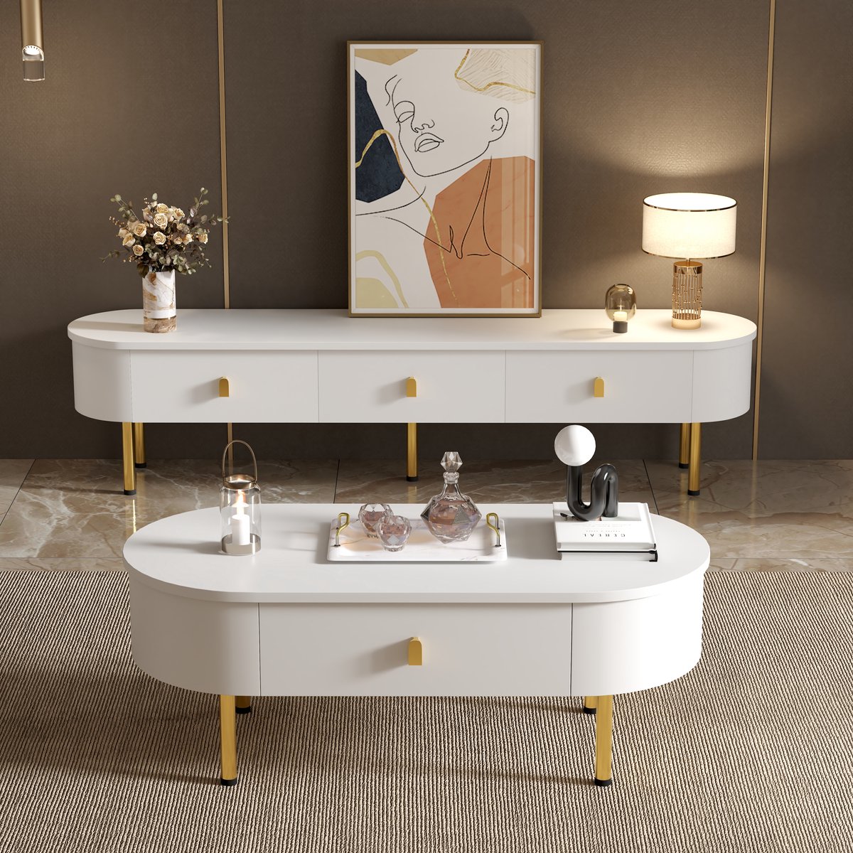 Luxe TV-kast en Salontafel Combinatie - Woonkamercombinatie - Met Laden en Afronde Hoeken