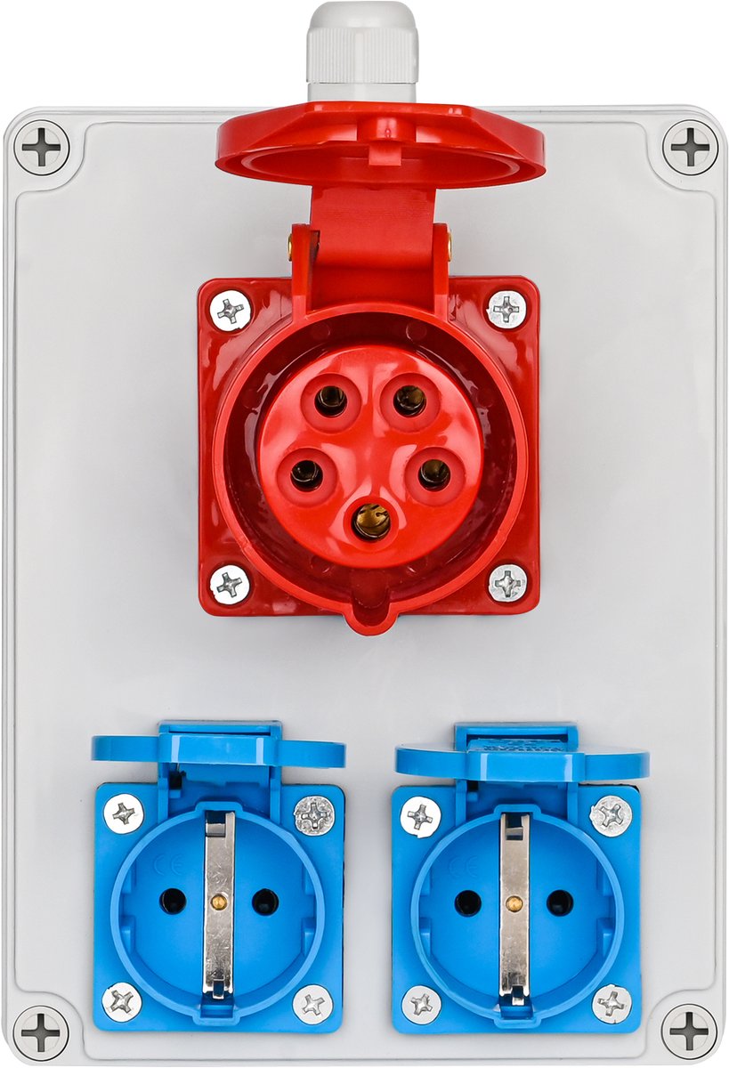 Wandgemonteerde stroomverdeler 16A | CEE 5-polig 400V + 2× Schuko | IP67 Behuizing | ABS | Voor Bouw & Industrie