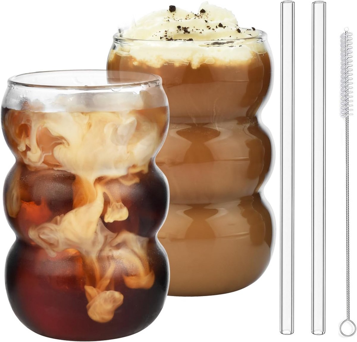 Set van 2 Bubble Glazen met Rietjes voor Koffie en Cappuccino, 550 ml
