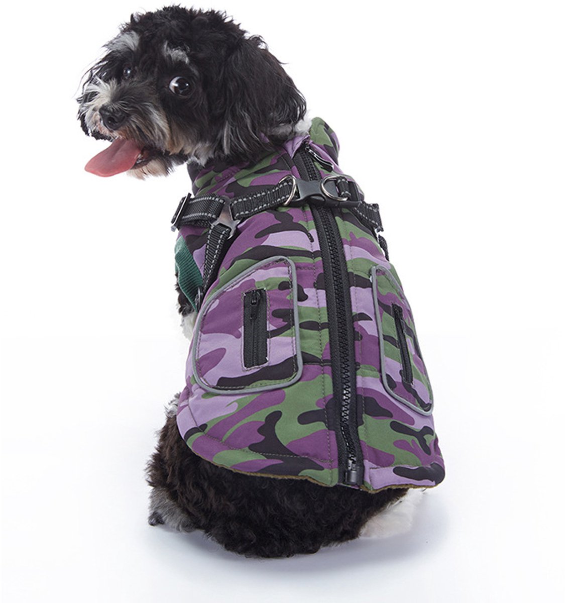 Warme winterjas voor honden - Met wol gevoerde, warme winterjas, reflecterend en waterdicht, geschikt voor kleine en grote honden, winddichte jas voor buiten, met opening voor de riem,DZ279 Paarse camouflage,S