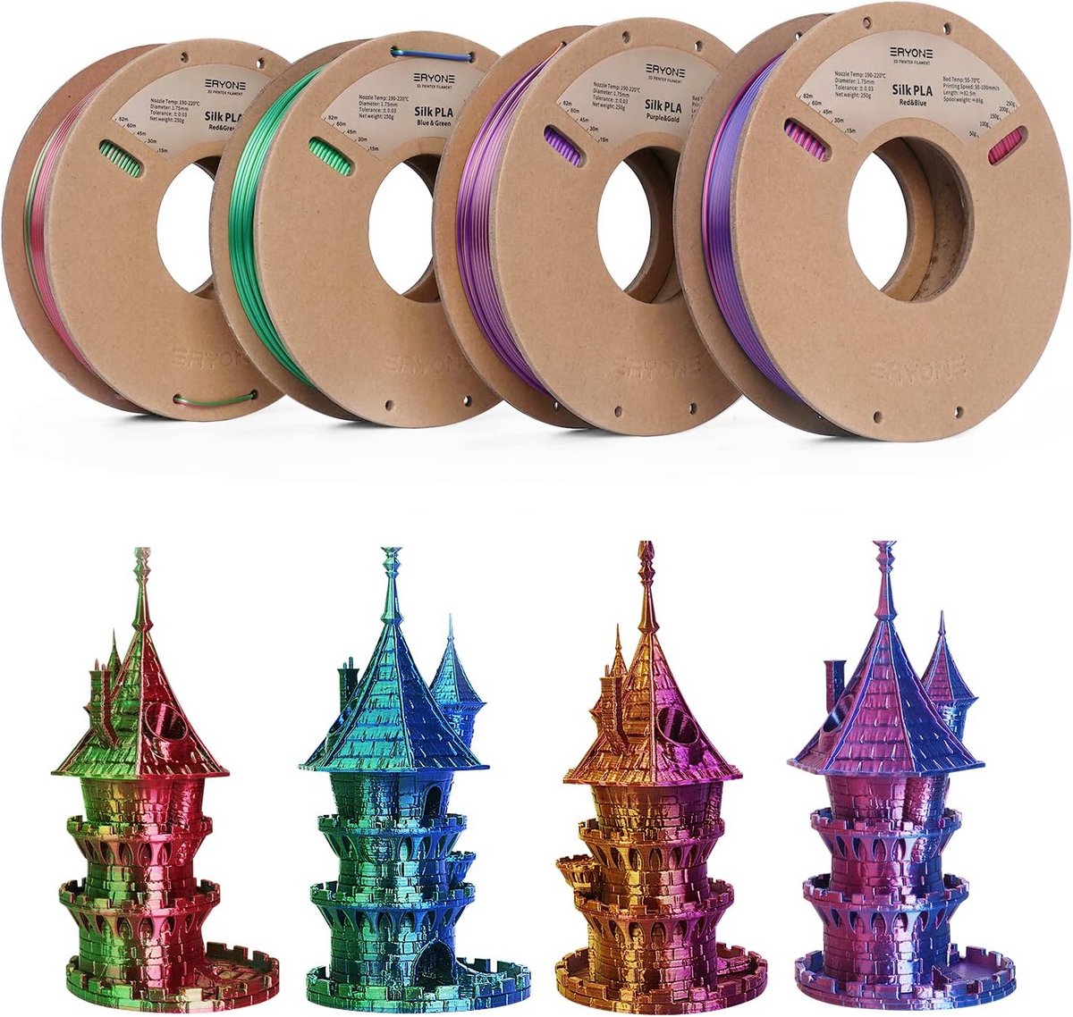 Dual Color Silk PLA Filament 1.75mm Set (4x250g) - Hoogwaardig 3D Printer Materiaal