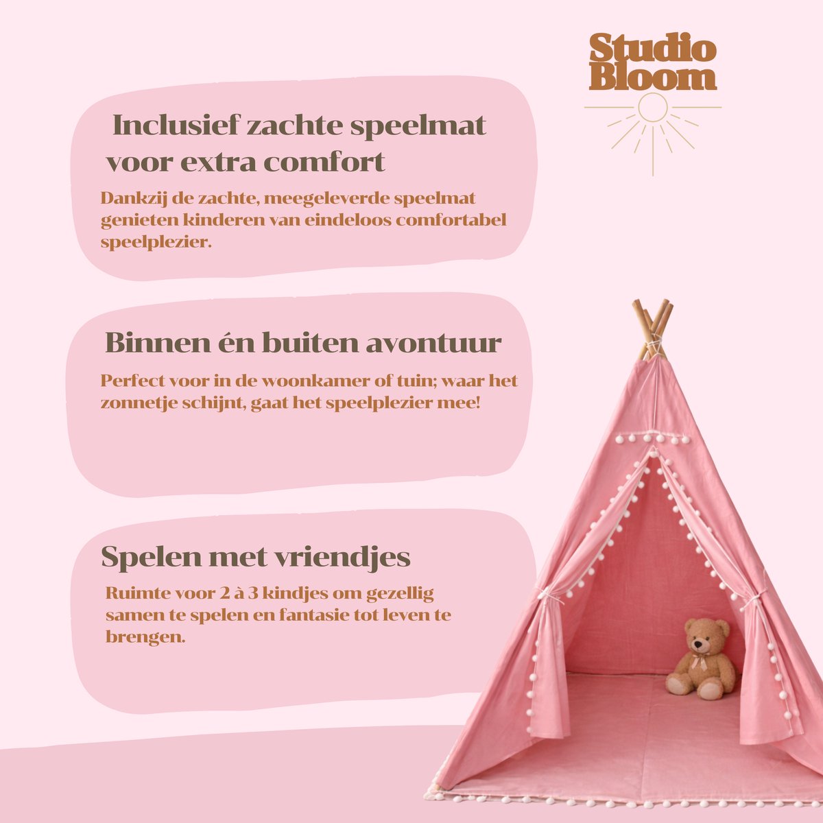Studio Bloom Kinder Speeltent Tipi Tent Kinderen Meisjes Jongens Speelgoed Kindertent Kind Peuter Speelhuisje - Roze — afbeelding 6