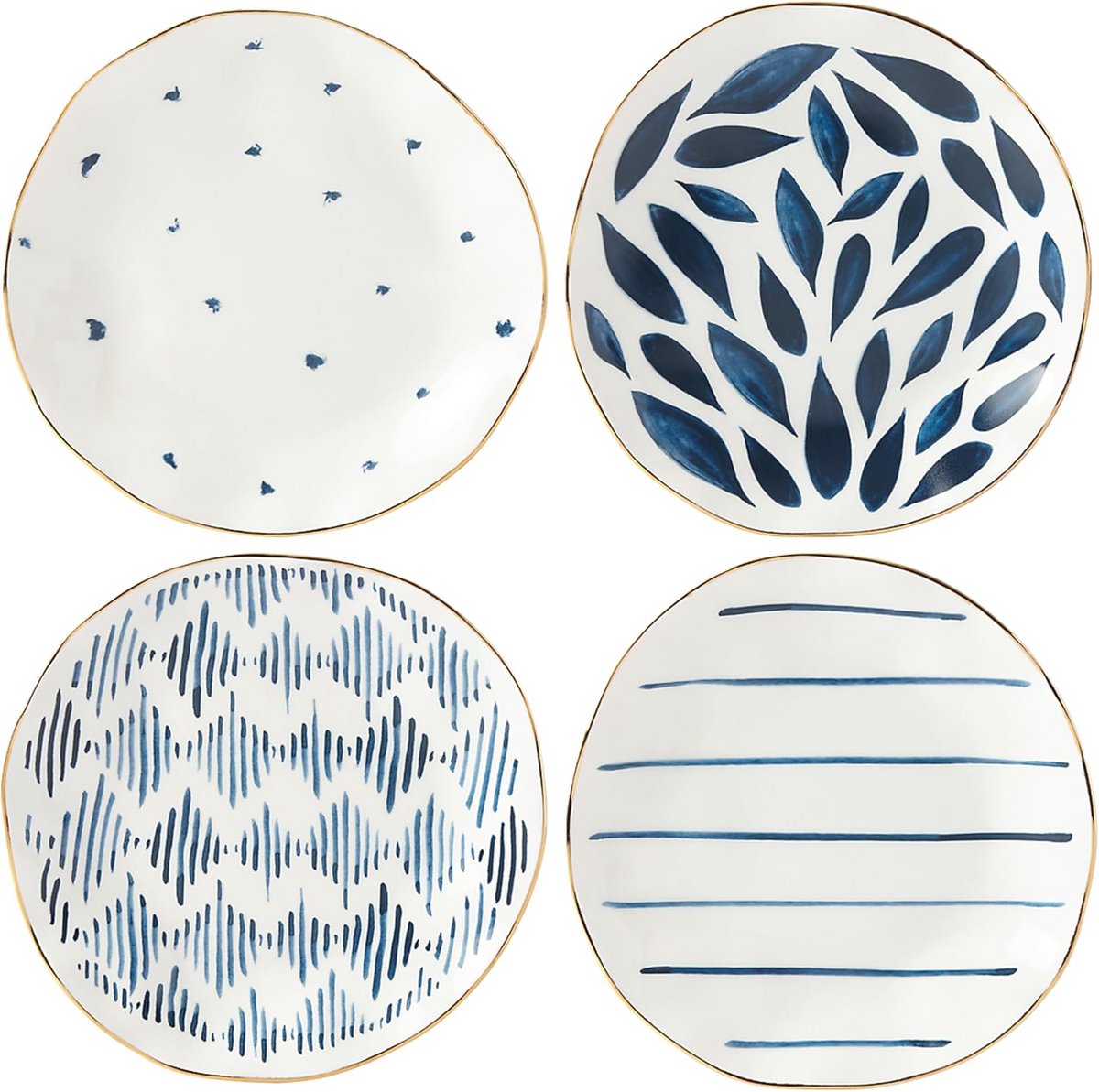 Set van 4 Blauwe Dessertborden met Gouden Rand