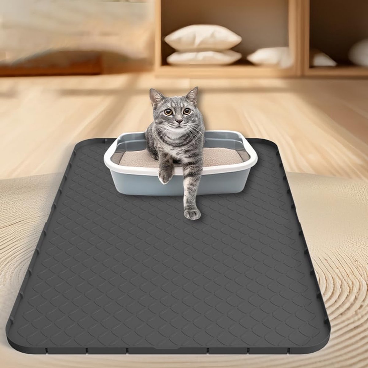 Grote Siliconen Kattenbakmat 88 × 56 cm - Lekvrije Onderlegger Voor Kattenbakken - Waterdicht, Antislip, Gemakkelijk Schoon Te Maken - Katvriendelijk Ontwerp, Geschikt Voor Voerbakken En Kattenbakken - Zwart van OBOSOE