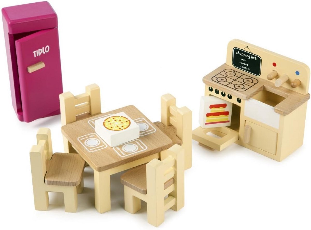 Houten Keuken Poppenhuis Meubelset - 9-Delig Speelgoed Keukentje voor Poppenhuis