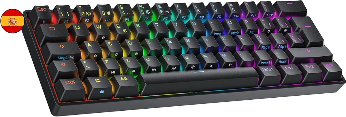 Hotswappable Mechanisch Gaming Toetsenbord 60% | 62 Toetsen met RGB Achtergrondverlichting | QWERTY ISO ES Layout (Zwart)