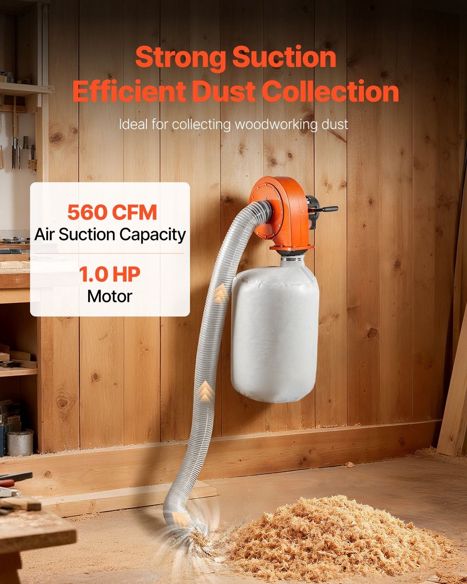 Stof- en spaanafzuiger voor houtbewerking - Wandmontage - Motor 1 pk - Luchtstroom 951,45 m³/u - Stofzak 79,5 l - Filter 2,5 micron - Werkplaatsgeschikt