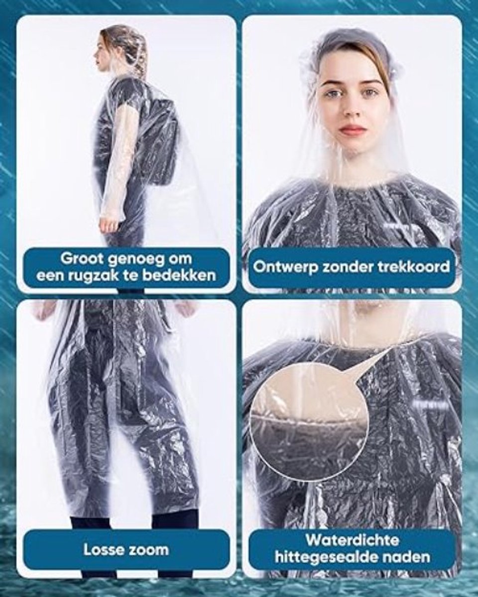Famanu – Set van 50 regenponcho’s met capuchon – Transparante waterdichte regenkleding