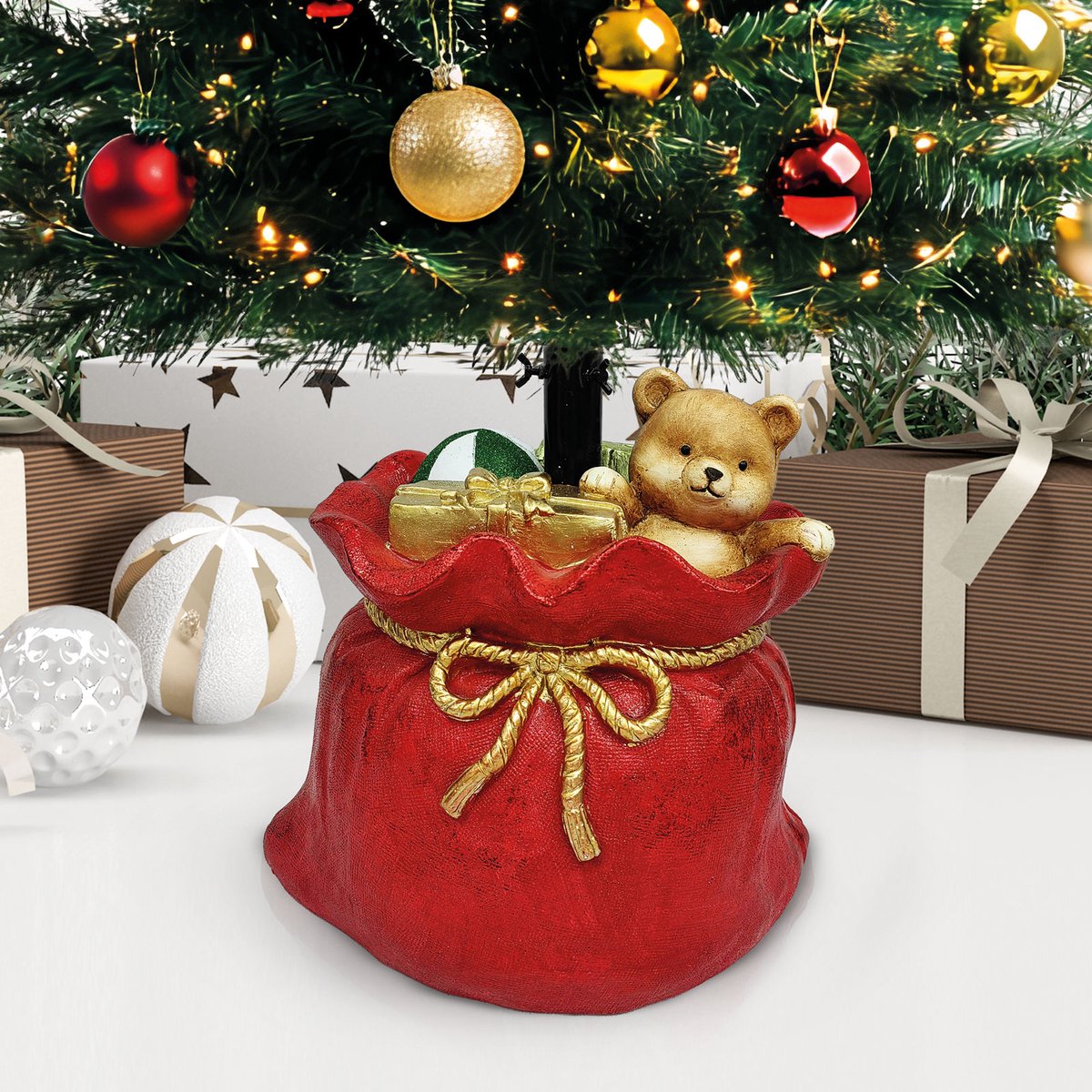 Kerstboomstandaard Kerstzak van de Kerstman – Decoratieve Kerstboomvoet van Kunststeen – Stevige Boomstandaard in Rood/Goud 1 Stuks [58592]