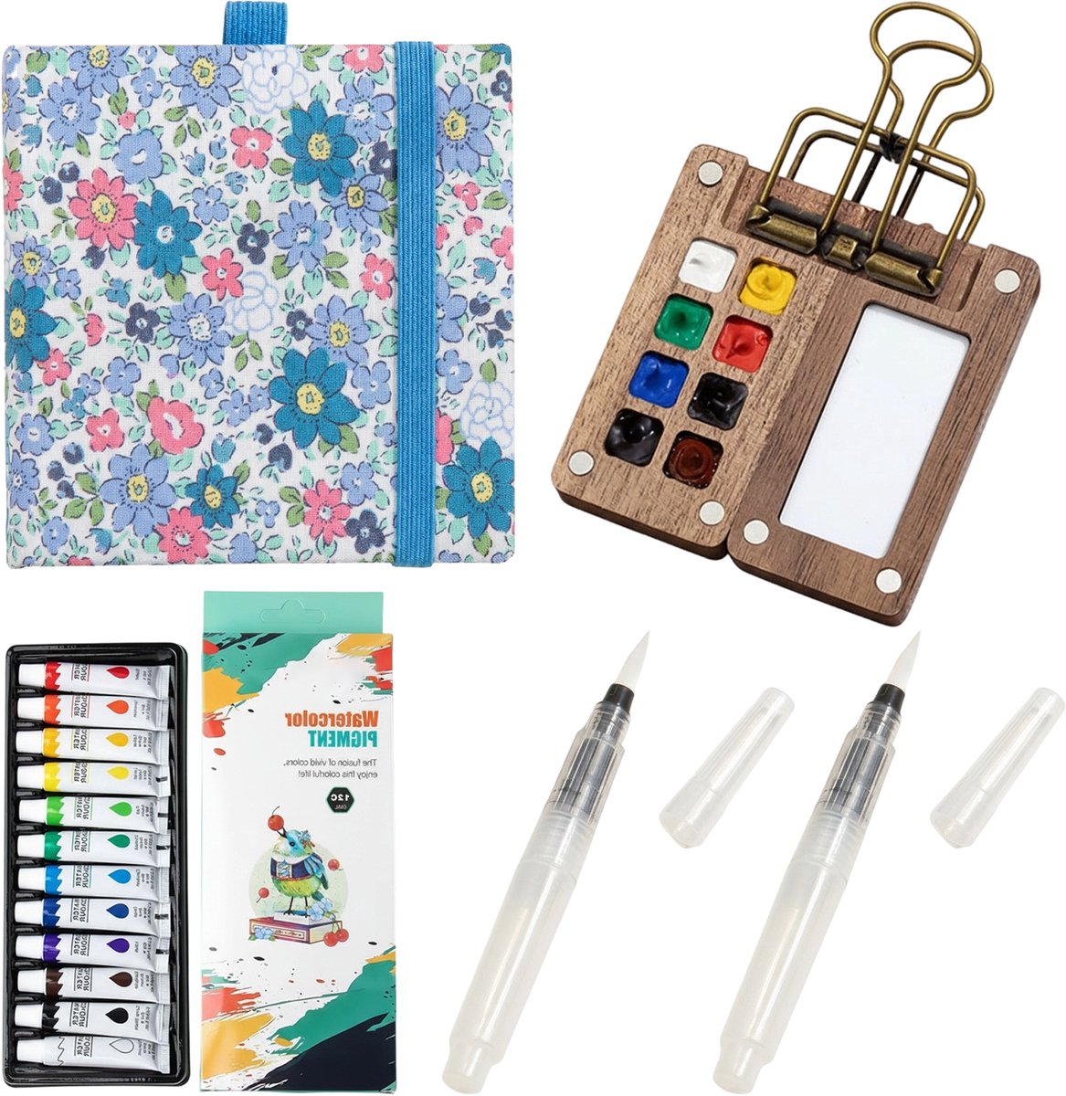Zakformaat aquarelset, mini aquarelreisset met ringband, compact aquarelpalet, houten zakformaat aquarelreisset voor kunstenaars, schetsboekpaletset, 8 vakken, geschikt voor schilders, kunstenaars en studenten (Blauw - 12 jaar)