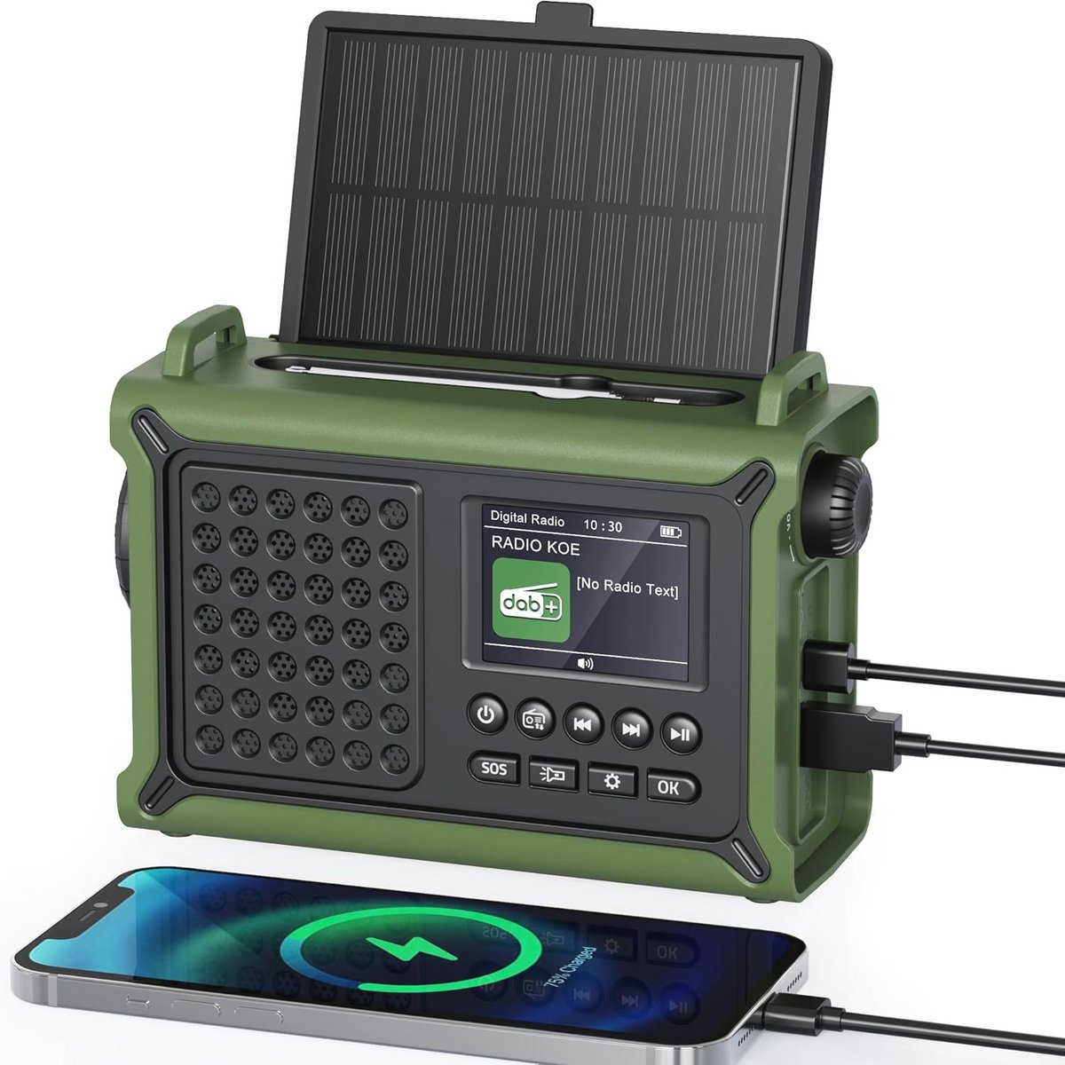 DAB/DAB+/FM Handkrukradio met 12000 mAh Accu en Zonnepaneel - Noodradio met Bluetooth en Zaklamp