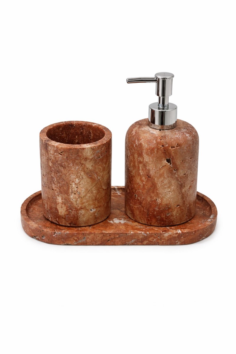 Travertin Marmeren Badkameraccessoires Set – 3-delig – Tray, Zeepdispenser & Tandenborstelhouder – Rood/Bruin Natuursteen – Luxe Afwerking met Zilveren Details.