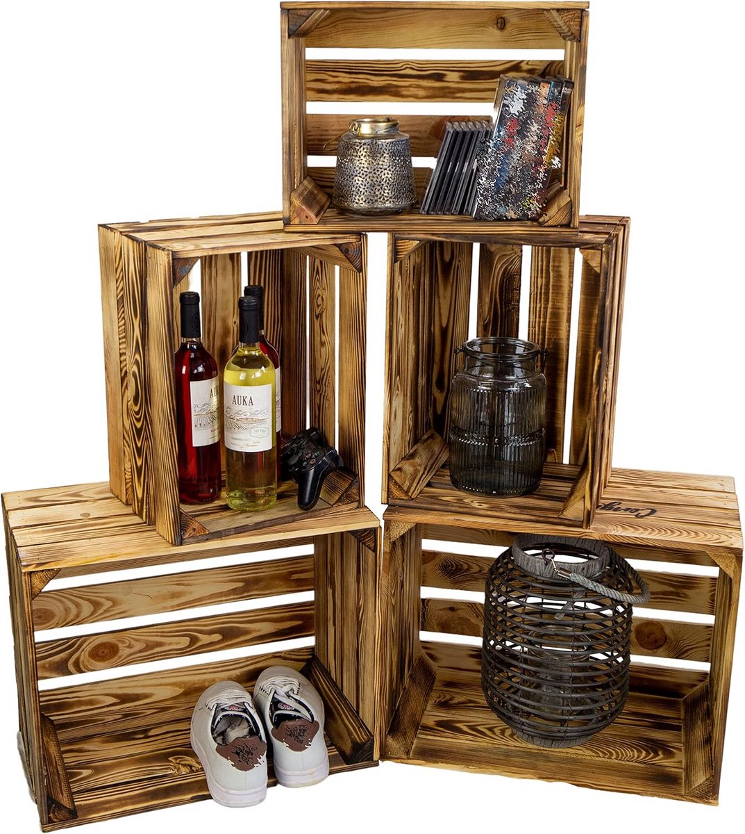 Set van 5 Gevlamde Houten Kisten - Diverse Groottes - Decoratie, Wijnrek of DIY Meubels