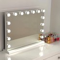 Witte make-upspiegel met 15 LED lampen, op een witte console met make-up.