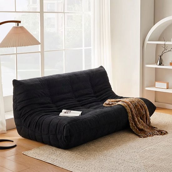 Zipsofa Togo-style canapé paresseux 3 places en velours côtelé noir – Canapé modulaire loisirs, librement combinable, design ergonomique, capacité de charge 350 kg, dimensions 160×100×72 cm, sans montage.