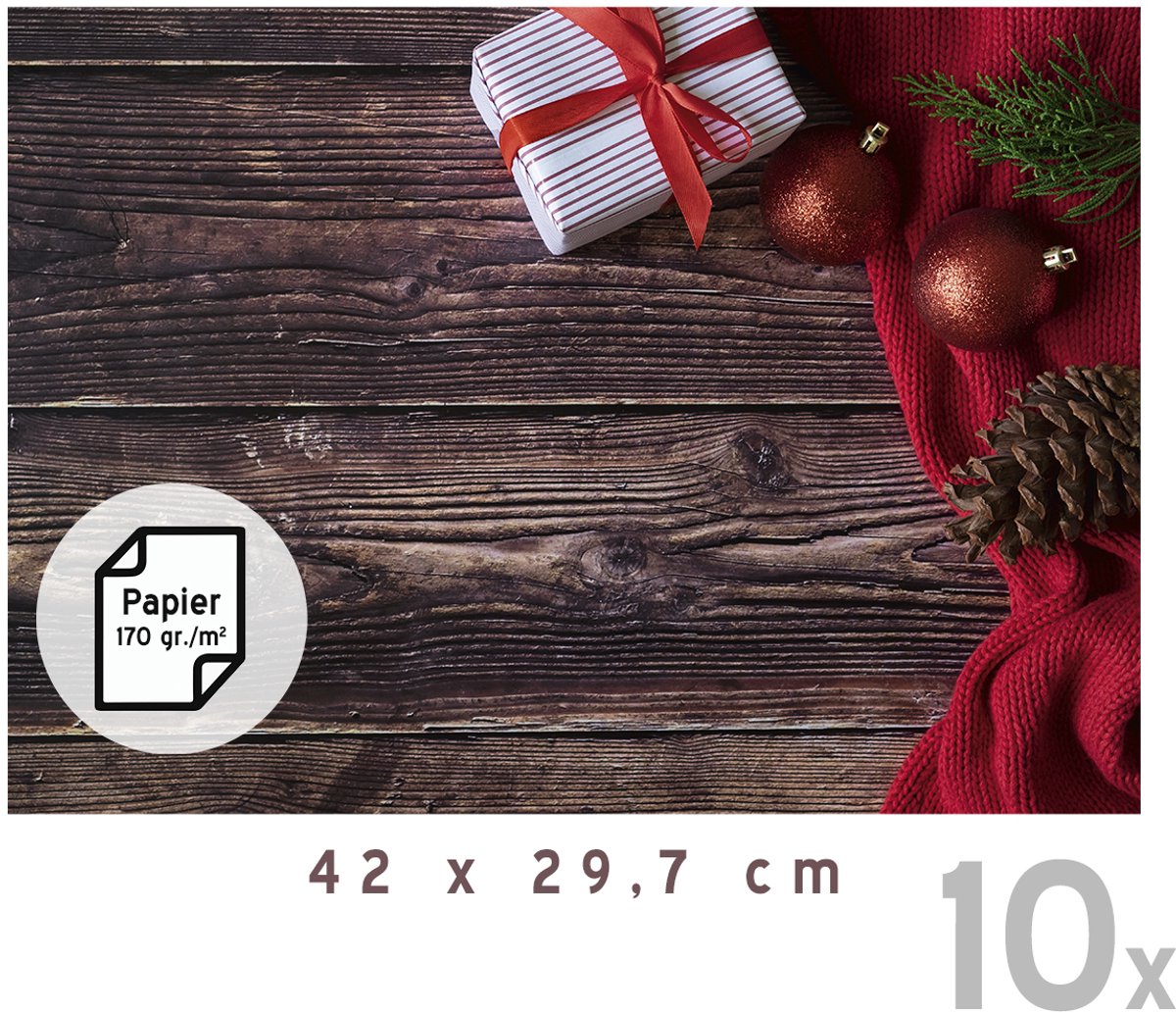 Placemats Kerst Deluxe (10x) | 42 x 29,7 cm | Kerstdecoratie | Onderlegger | Papier 170 gr./m² | Kerstavond | Eettafel | Tafeldecoratie | Hout | Placemat | Design | Rechthoek | 10 stuks