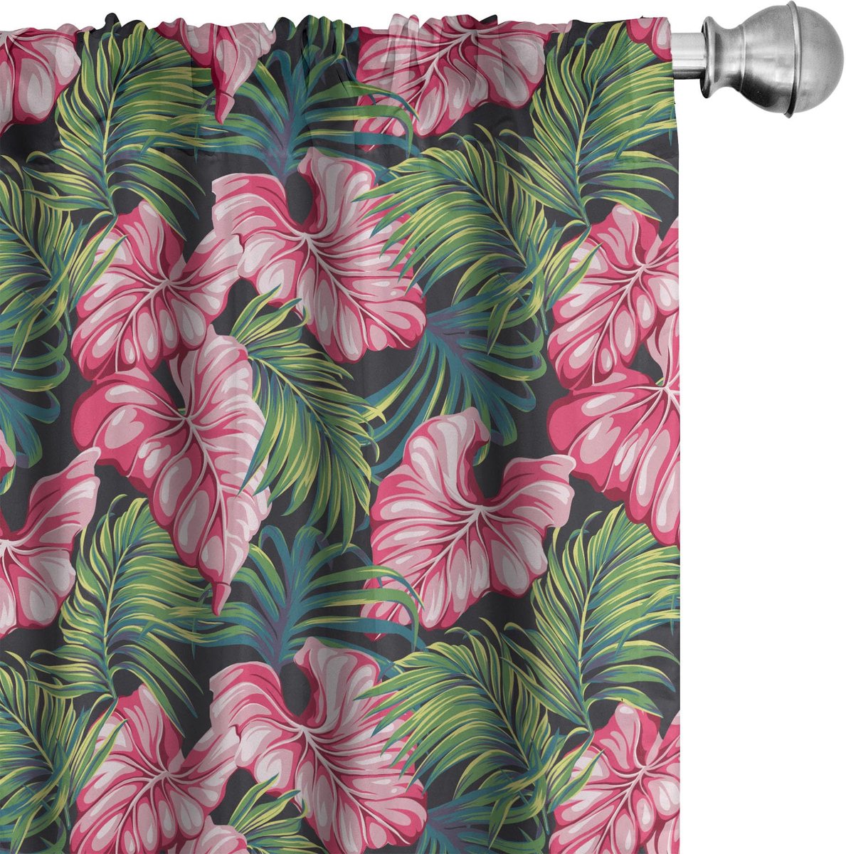 ABAKUHAUS Monstera Voorhangen – 2-delige set 75x245 cm – microvezel, halfdonker, roze/varen groen