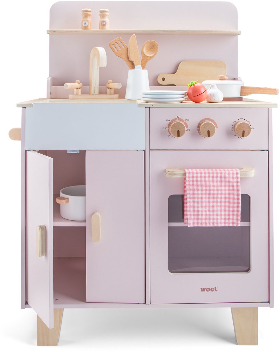 Woet® Houten Speelgoed Kinderkeuken Roze - Speelkeukentje met Pannen, Servies, Groente en Snijplank - Houten Speelkeuken - Werkbladhoogte 55 cm - Rollenspel - Vanaf 3 Jaar — afbeelding 5