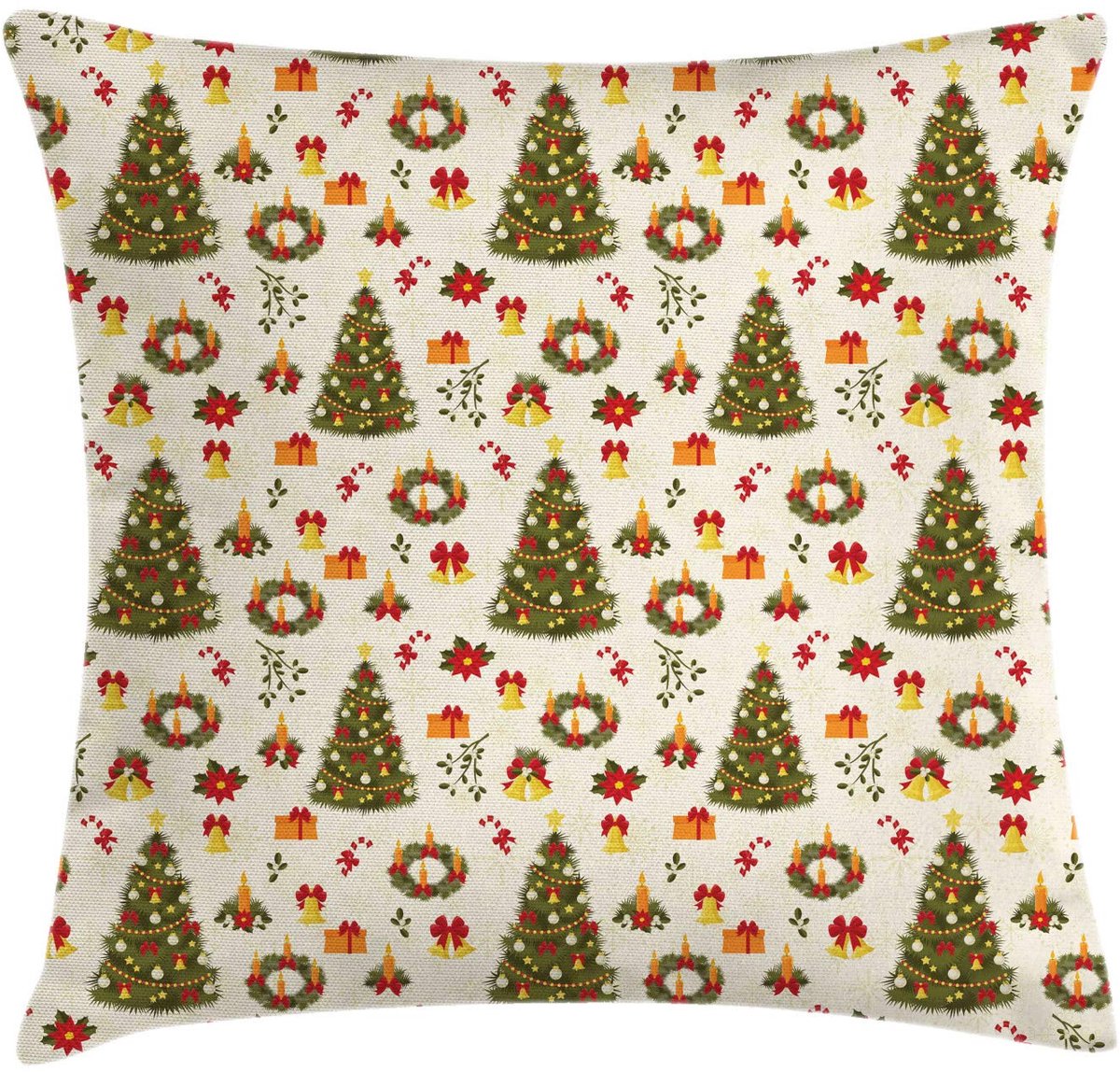 ABAKUHAUS Kerstkussenhoes – Cartoon Bomen & Klokken – 45x45 cm – Dubbelzijdig Eierschalenfarben