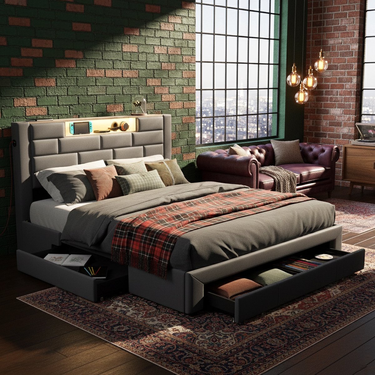 ADFBL Bed met Lades 160x200 Grijs - Fluweel Bedframe met LED, USB-C & Opbergruimte | 3 Grote Lades