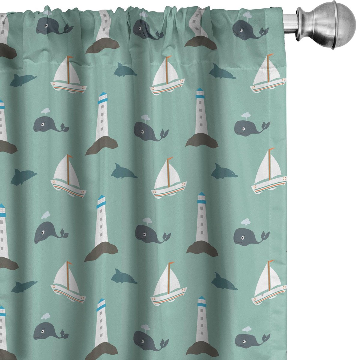 ABAKUHAUS Walvisgordijnen – 2x75x175 cm – Microvezel – Vuurtoren-zeilmotief – Licht zeeschuim-hemelsblauw Pale Seafoam Sky Blue