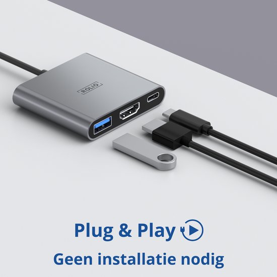 Rolio USB-C adapter: grijze hub met HDMI, USB 3.0 en USB-C poorten. Plug & Play, geen installatie nodig.