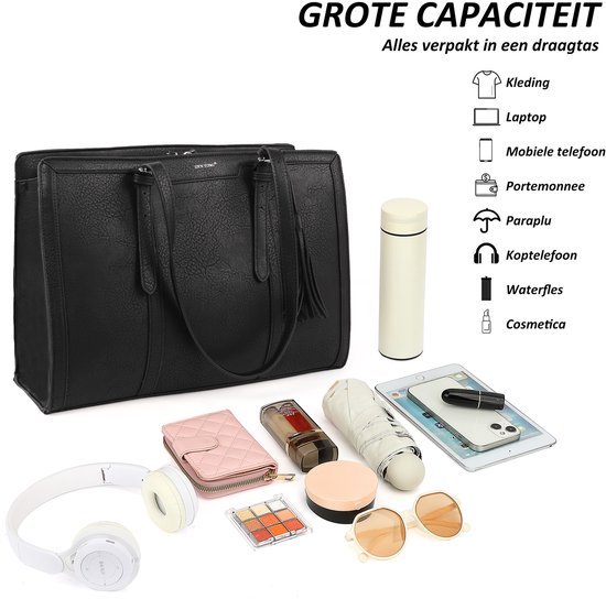 Zwarte dames laptoptas met grote capaciteit, toont inhoud zoals kleding, laptop, telefoon, portemonnee, paraplu, waterfles, cosmetica.