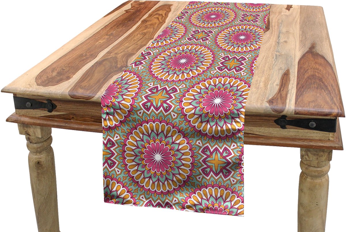 ABAKUHAUS Run_142481 Tafelloper – 40x180 cm, Roze/Mintgroen/Goudgeel
