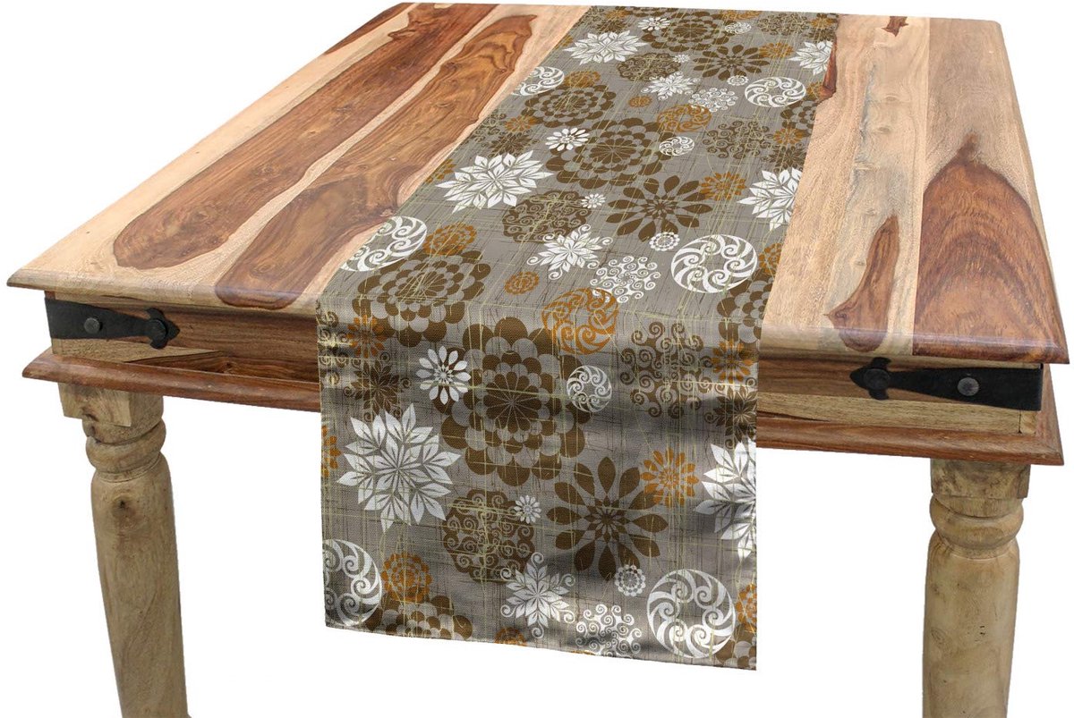 ABAKUHAUS tafelloper – bloemenornament – 40x180 cm – sepia/grijs